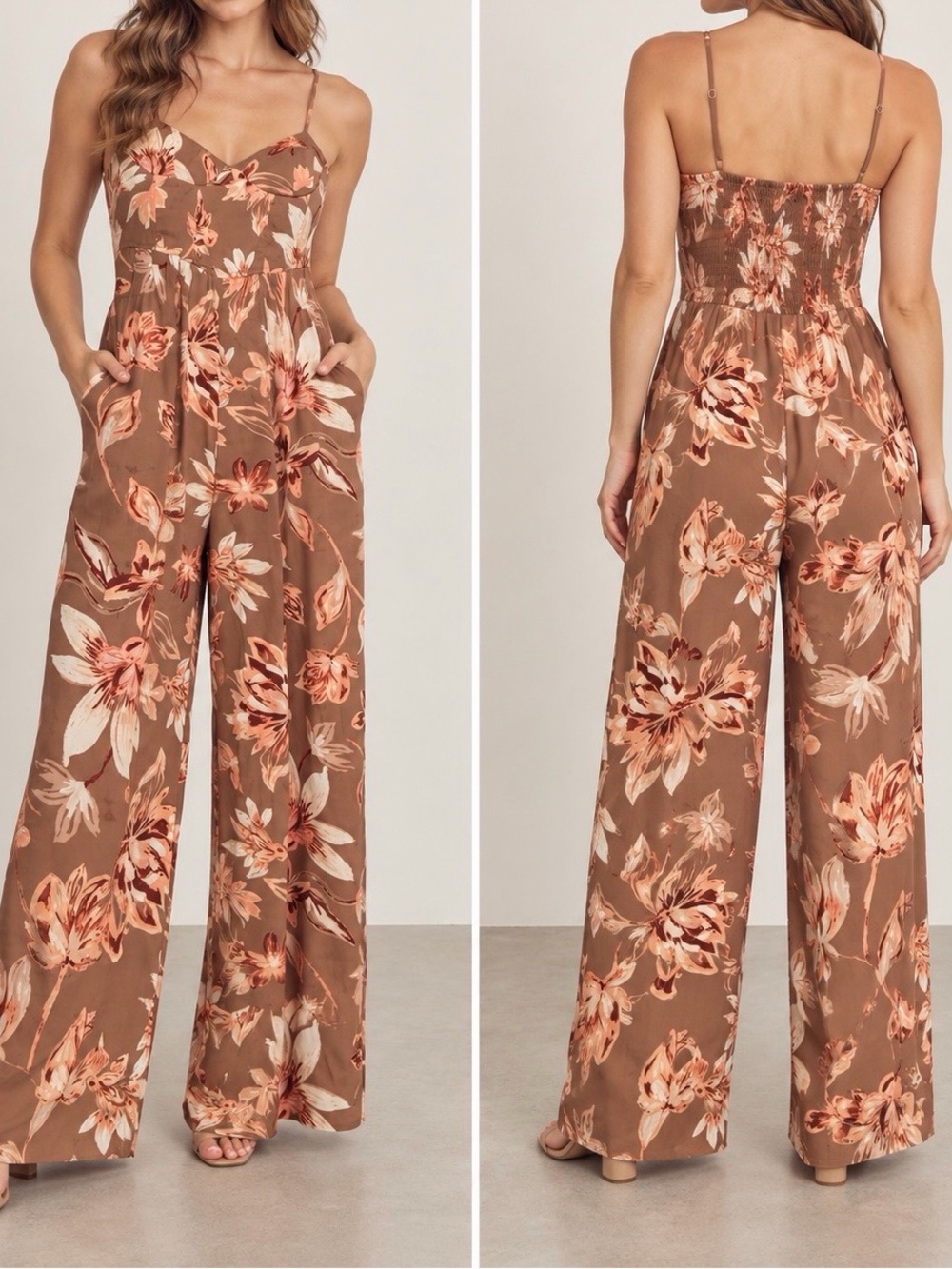 Tan Floral Spaghetti-Strap Jumpsuit